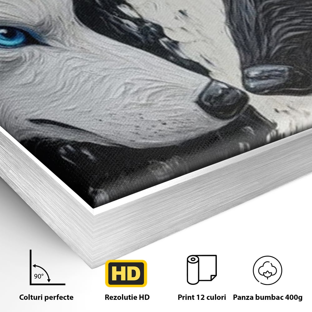 Detaliu al suprafetei: tablou canvas cu doi lupi, in rama de aluminiu argintiu